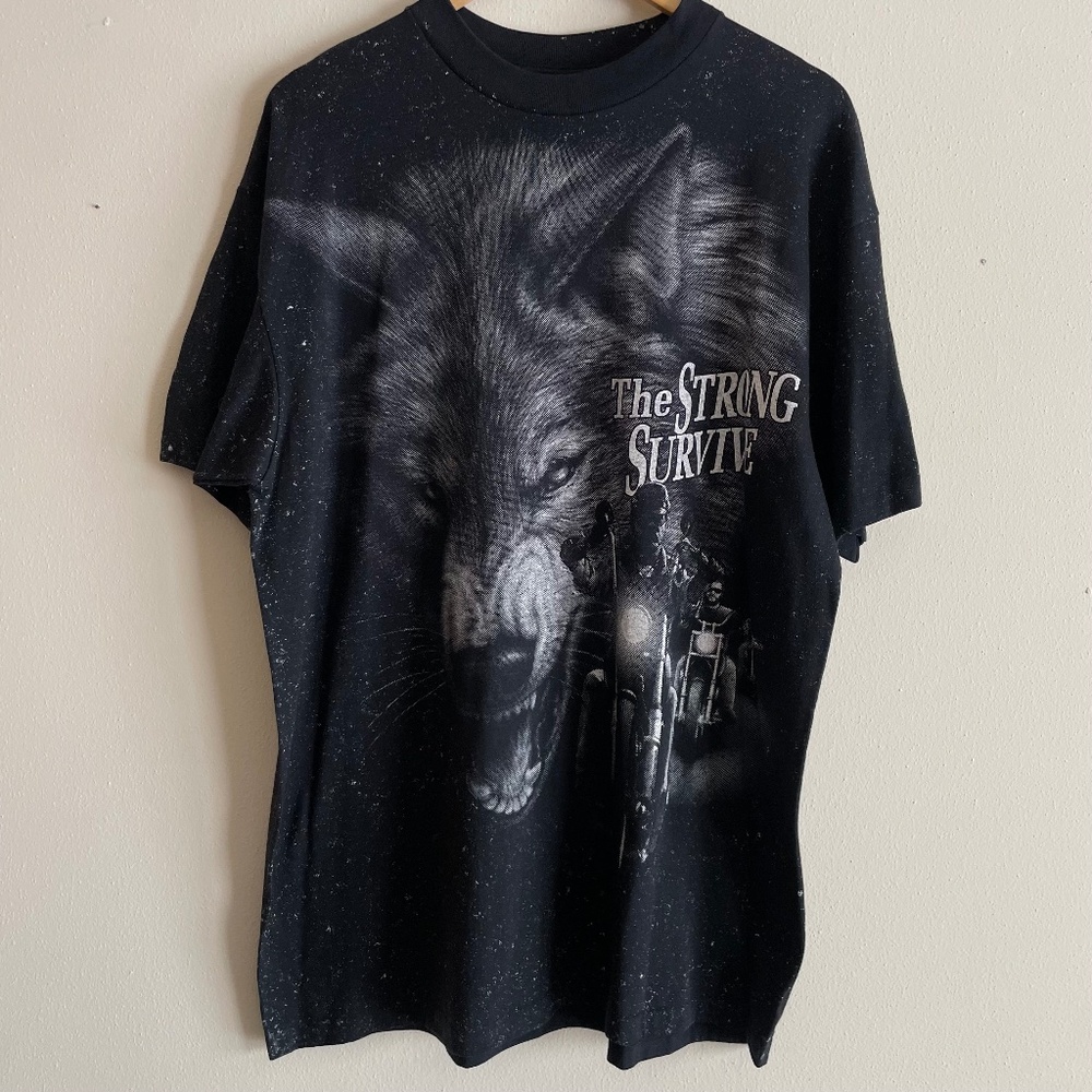 Vintage 3D Emblem T Shirt Wolf Motorcycle Biker Graphics Single Stitch